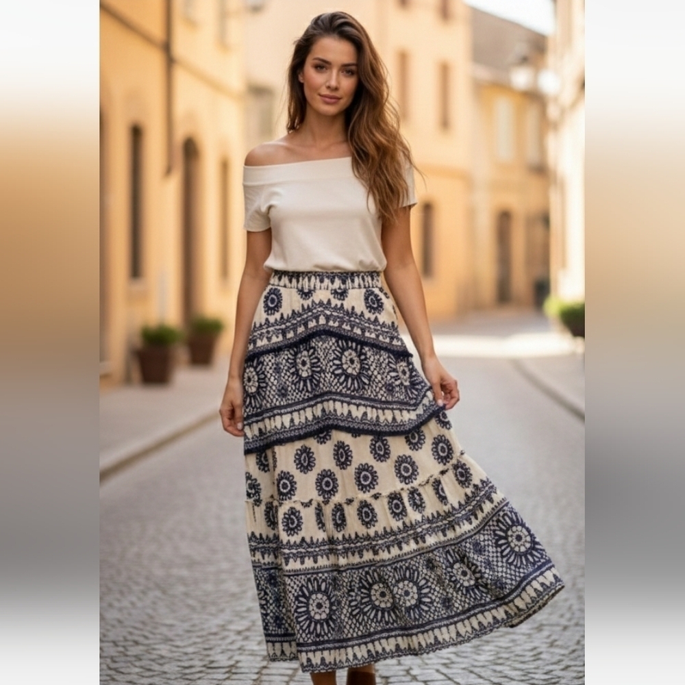 Anthropologie Love the Label Dagmar Ivory Navy Printed Sybille Skirt Small $295